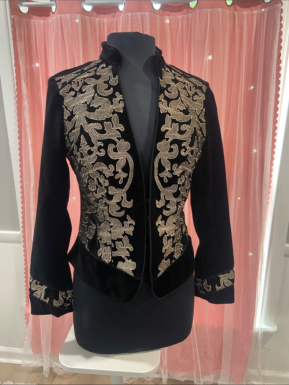 White House Black Market Black Velvet Jacket with Gold Embroidery